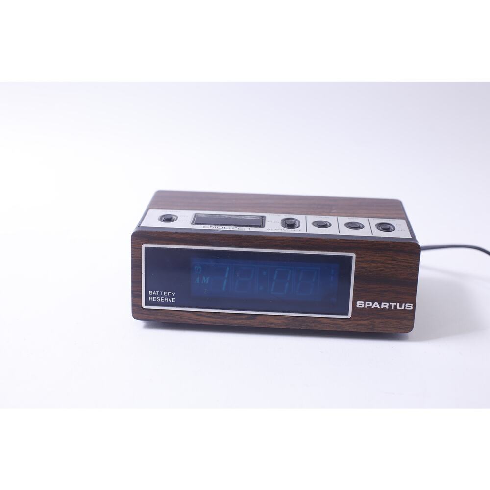 Sparta, 1960s, 1970s, Alarm Clock, Blue Numbers, Blue Light, Wood Faux, Small ,